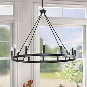 12 licht zwarte wagon wiel kroonluchter 38-inch, boerderij rustieke kaars stijl kroonluchters ronde hanglamp armatuur voor hoge plafonds, eetkamer foyer entree