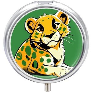 Ronde pillendoos met cartoon-cheeta-motief, reis-pillendoos, 23 vakken, medicijnen, metaal, tablet, vitaminehouder, organizer voor portemonnee, tas