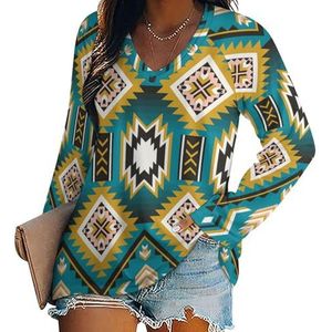 Indiaanse Indiaanse Azteekse geometrische vrouwen V-hals shirt lange mouwen tops casual losse pasvorm blouses