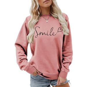 MLZHAN Smile Love Heart Print Vrouwen Sweatshirt Ronde Hals Lange Mouw Truien Herfst Winter Streetwear Causale Jas Tops, Roségoud, S
