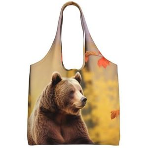 YNCATXZ Bruine beer in de herfst Canvas Tote Bag voor Vrouwen Esthetische Boodschappentassen Schoudertas Herbruikbare Boodschappentassen, Zwart, Eén maat