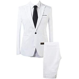 Heren 2-delig slim fit business casual pak jas broek, wit, XXL