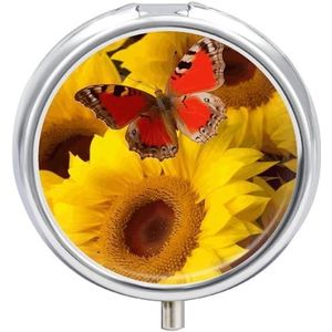 Pillendoos Gele Zonnebloemen met Rode Vlinder Ronde Metalen Pil Case met 3 Compartimenten Draagbare Mini Geneeskunde Drug Houder Reizen Geneeskunde Tablet Vitamine Houder Organizer