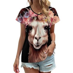 Leuke Alpaca Bloemen Vrouwen V-hals T-shirts Leuke Grafische Korte Mouw Casual Tee Tops 3XL