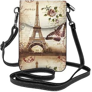 Vintage Parijs Eiffeltoren vlinder lederen cross body flip telefoontas met afneembare schouderbanden, gebruikt voor reizen, dating, vakantiegeschenken, Zwart, Eén maat