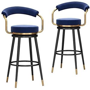 FZDZ Draaibare barkrukken set van 2 met achterkant metalen hoge kruk hoge stoel voor binnen buiten pub keuken, hoogte 75 cm, fluwelen zitting, metalen frame (kleur: blauw-zwarte poten, maat: 65 cm)