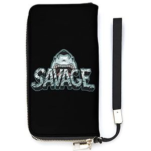 Savage Shark PU-lederen portemonnee voor dames, modieuze clutch met lange pashouder, handtas met polsband