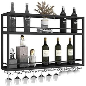 DSVONAUS Industrieel wandgemonteerd wijnrek met glazen houder, zwarte metalen flessenhouder, multifunctioneel wijnrek, 2-traps voor thuis, bar, eetkamer, kitchen (80 x 20 x 65 cm)