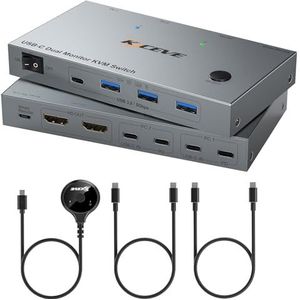 USBC Dual Monitores KVM Switch 4K @60Hz, USBC KVM Switch 2 laptops 2 monitoren en 4 USB 3.0 apparaten, 100 W PD voor 2 laptops met wire remote en USB-kabel