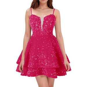 WSEYU Spaghetti Bandjes Homecoming Jurken Korte Sprankelende Pailletten Bruidsmeisje Afstuderen Cocktail Party Prom Gown ZM290, roze (hot pink), 32