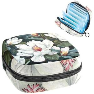 MUOOUM Witte Magnolia's Patroon Maandverband Opbergtas Menstruatie Pad Tas Draagbare Menstruatie Cup Pouch met Rits voor Tiener Meisjes Vrouwen Dames