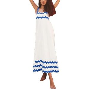 Dames zomer maxi-jurk casual boho mouwloze spaghettibandjes gesmokte lange strandzonjurken(Color:White Blue B,Size:Large)