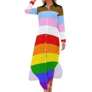 LGBT Regenboog Transgender Pride Vlag Dames Maxi-jurk Lange Mouw Knopen Shirt Jurk Casual Party Lange Jurken L