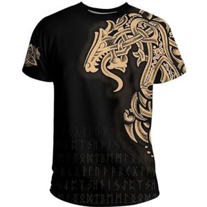 Noorse Mythologie Keltische Draak T-shirt – Unisex Viking Vegvisir 3D Rune Tattoo Print Casual Harajuku Korte Mouw – Zomer Sneldrogende, Ademende Top met Ronde Hals (Color : B yellow, Size : 4XL)