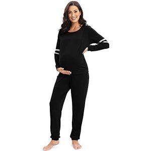 Vrouwen Zwangerschaps Pyjama Set Dubbele Lagen Borstvoeding Voeding Nachtkleding PJ Set Lange Mouw Zwangerschap Nachtkleding Set, S-3XL, 2 Black, S