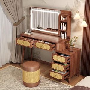 Make-uptafel Met Spiegel,Kaptafel Met Opbergplanken,3 Verlichtingsstanden,Veel Opbergruimte,Chinese Vintage Stijl,Cadeaus Voor Meisjes(Dressing table+stool+cabinet)