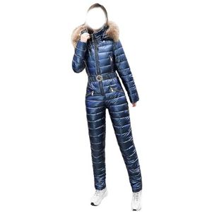 Waterdicht Skipak for Dames, Winterse Eendelige Sneeuwpak Met Bontkraag, Capuchon en Winddichte Isolatie(Blue,XXL)