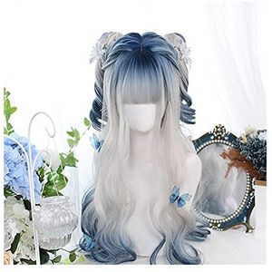 Pruiken Dames Halloween Geleidelijke Beige Blue Cosplay Pruik Pony Lange Golvende Zoete Meisjes Synthetisch Haar (geen haaraccessoires) Volledige pruiken met knal (Color : B)