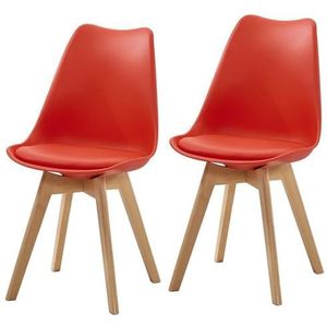 Set van 2 eetkamerstoelen met beukenhouten poten en gevoerde zitting Lounge Scandinavische bijzetstoelen Studeerstoel Zacht PU-kussen voor keuken/café/kantoor Red