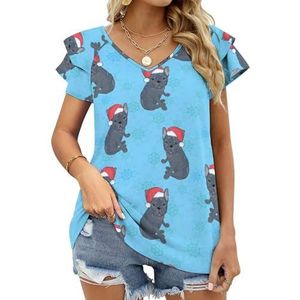 Mopshond met kerstmuts grafische blouse top voor vrouwen V-hals tuniek top korte mouw volant T-shirt grappig