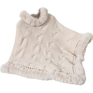 GKEIOSHQIL Dames trui met nep bontkraag, poncho stijl, kabelgebreid, herfst- en winterwarm, cape mantel,Apricot,L