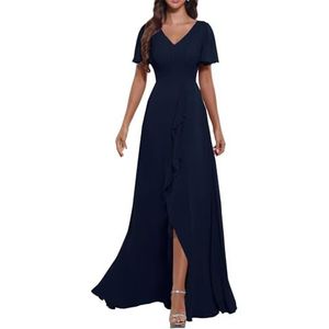 KURFACE Flutter mouw V-hals chiffon bruidsmeisjes jurken met mouwen split lange formele avondjurk voor vrouwen, Donkerblauw, 32