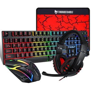 T-Wolf Gaming Combo TF800 Toetsenbord/Muis/Hoofdtelefoon/Muismat Bedraad LED RGB Backlight Bundel voor PC Gamers Gebruikers - 4 in 1, Zwart