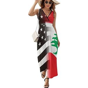 Zwart En Wit USA Libanon Vlag Casual Maxi Jurk Voor Vrouwen V-hals Zomer Jurk Mouwloze Strand Jurk S