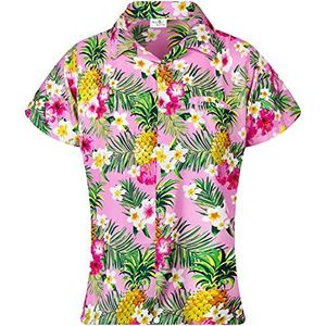 KING KAMEHA Funky Casual Hawaiiaanse Blouse Shirt Vrouwen Voorzak Button Down Zeer Luid Korte Mouw Ananas Bloemen Print, Ananas Bloemen Lichtroze, XXL