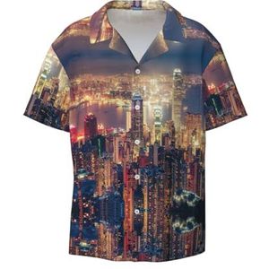 OdDdot Hong Kong Print Heren Overhemden Atletische Slim Fit Korte Mouw Casual Business Button Down Shirt, Zwart, 3XL
