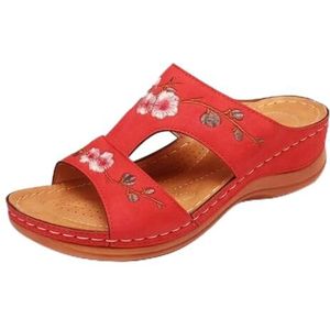 Immemorialm Damessandalen, antislip, zomer, casual, orthopedisch, open teen, platte strandschoenen, rood, 37 EU