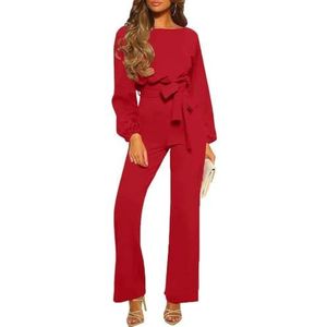 KWISUAWHGA Jumpsuits Met Lange Mouwen voor Vrouwen Casual Eendelige Outfit Ronde Hals Hoge Taille Trendy Wijde Pijpen Rompertjes met Riem,Rood,L