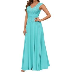 Vrouwen Dubbele V-hals Moeder Van De Bruid Bruidegom Jurken Chiffon Kant Applicaties Formele Avond Grootmoeder Jassen ZM206, Turkoois, 34