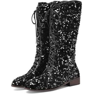 CRETUAO Dames Lace-up glitter pailletten halfhoge laarzen, comfortabele ronde neus lage hak bruiloft cowboylaarzen, mode metallic lovertjes feestridderlaarzen,zwart,41 EU