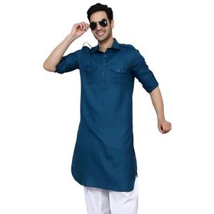 Lakkar Haveli Heren Pakistaanse traditionele groenblauwe shirt Kurta bruiloft feest alleen jam katoen (maat M), Blauwgroen, M