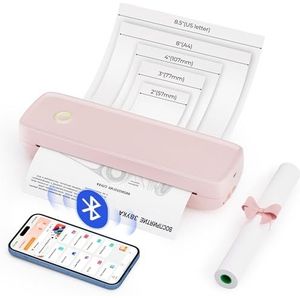 MUNBYN Draagbare printer Draadloos reizen ITP04, Thermische Bluetooth-printer, Ondersteuning 8,5''x11''&A4, Inktloze (Thermische printer, Roze)