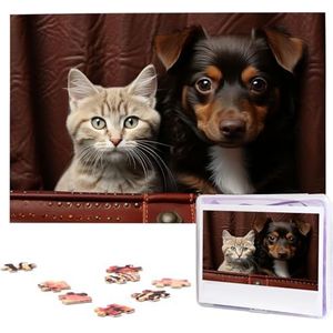 KHiry Puzzels, 1000 stukjes, gepersonaliseerde legpuzzels met kat en hond, zittend in lederen zak, fotopuzzel, uitdagende fotopuzzel voor volwassenen, personaliseerbare puzzel met opbergtas (74,9 cm x