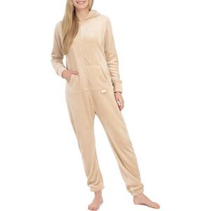 Basisstoff Kitten Jumpsuit voor dames, teddy fleece, eendelig, overall, pak, wollig, beige, XS