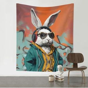 RAIZHE Hip hop konijn wandtapijt, geïnstalleerd zonder schade aan muren, wandbekleding, 152,4 x 129,5 cm, slaapkamer achtergrond, slaapkamer slaapzaal woonkamer bekleding tapijt