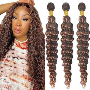 Tuheerst Deep Wave Human Hair Bundles P430 Highlight Brown Real Hair Human Hair Extensions Sew in Hair Extension 3 Bundles Double Weft Remy Hair Low Shedding for Woman 22 22 22 Inch