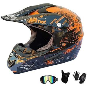 UIGJIOG Motorhelm, Fashion Youth ATV Motocross Dirt Bike BMX MX Downhill Off-Road Mountain Bike Helm Racing (Handschoenen, Goggles, Mask, 4 Stuk Set),C,L(56~57cm)