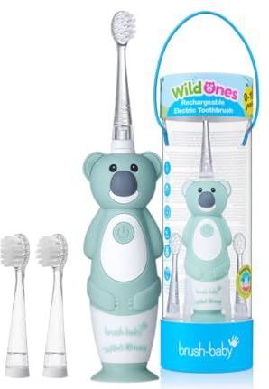 Brush-Baby WildOnes Koala Elektrische oplaadbare tandenborstel voor kinderen, 1 handgreep, 3 borstelkoppen, USB-oplaadkabel, voor kinderen van 0-10 jaar (koala)