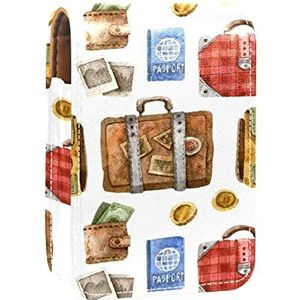 Reistas Paspoort Schilderij Draagbare Lipstick Case voor Reizen, Mini Lipstick Opbergdoos met Spiegel voor Vrouwen Dames, Lederen Cosmetische Pouch, Meerkleurig, 9.5x2x7 cm/3.7x0.8x2.7 in