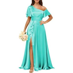 KURFACE Satijnen bruidsmeisjesjurken met mouwen geplooid korset galajurk met split lange formele avondjurk voor dames, Turkoois, 38