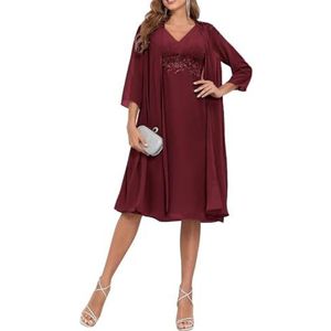2 Stuks Moeder van de Bruid Jurk voor Bruiloft 3/4 Mouwen Chiffon Avond Prom Jassen met Jas, Bordeaux, 32