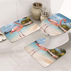 VTCTOASY Strand Flamingo Print Badkamer Tapijten Sets 3-delig Absorberend Toilet Deksel Cover Antislip U-vormige Contour Mat voor Toilet Badkamer