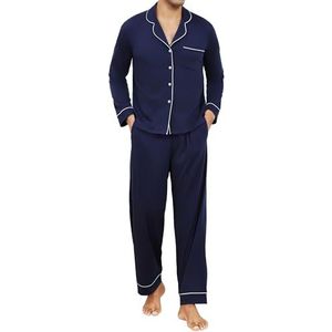 Reliwel Heren Lange Overhemdpyjama Katoenen V-hals Tweedelige Pyjamaset Shirt met Lange Mouwen en Pyjamabroek Loungewear Heren Nachtkleding Huispak