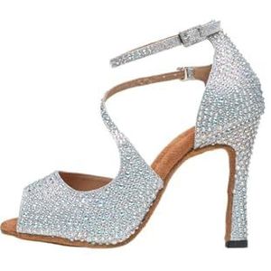 UBOHUZ Latin Dance Schoenen Sprankelende Steentjes Zachte Zolen Professionele Vierkante Cha-cha Salsa Rumba Voor Praktijk, Zilveren hak 9 cm, 41 EU