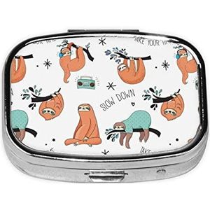 Mini vierkante pillendoos, medicijnorganizer, bruine luiaard, draagbare EHBO-doos, reispillendoos met 2 vakken, kleine pillendoos voor zak of portemonnee