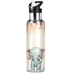 Leuke cartoon patroon olifant sport waterfles geïsoleerde roestvrij staal grote vacuüm fles lekvrije thermoskan met rietje voor reizen (600 ml/1000 ml)